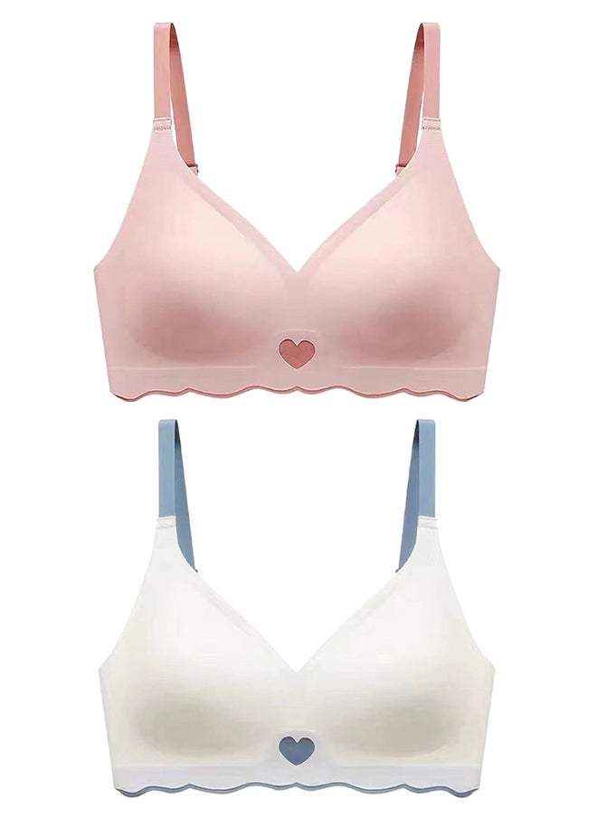 2 Pack Women's Medium Sports Bra Strong Support Seamless Lace Non-Slip Sports Bra Daily Wear Bra Without Underwire Classic Soft Bra for Yoga Sports Bustier White/Pink