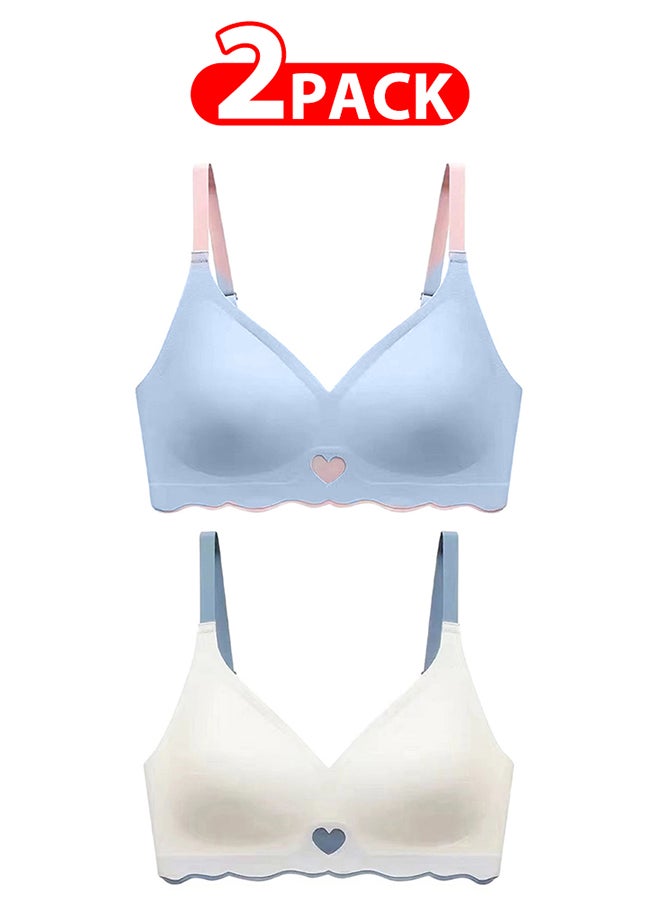 2 Pack Women's Medium Sports Bra Strong Support Seamless Lace Non-Slip Sports Bra Daily Wear Bra Without Underwire Classic Soft Bra for Yoga Sports Bustier White/Blue