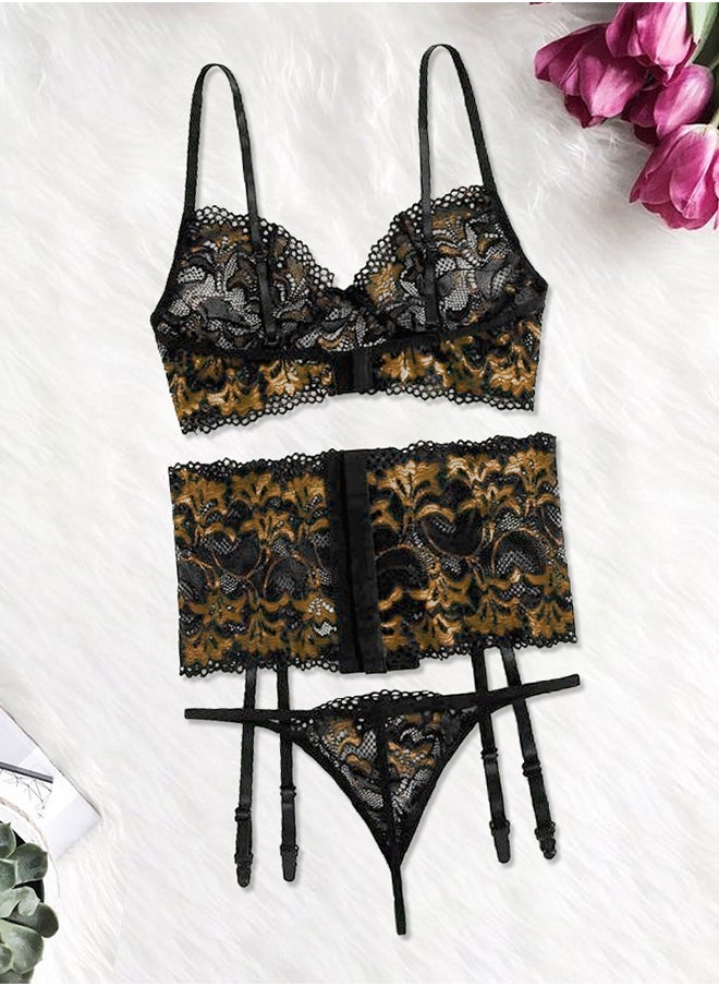 Women XL Lingerie Set Transparent Lace Lingerie Set Passion Outfit Sleepwear Babydoll Set Suspenders Deep V Bodysuit Corset Nightwear Yellow