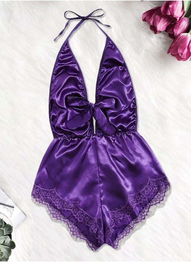 Women Stain Silk Underwear Deep V Neck Lingerie Fashion Ladies Sleepwear Bodysuit Teddy Lingerie Sleepwear Purple