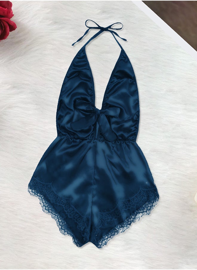 Women Stain Silk Underwear Deep V Neck Lingerie Fashion Ladies Sleepwear Bodysuit Teddy Lingerie Sleepwear Blue