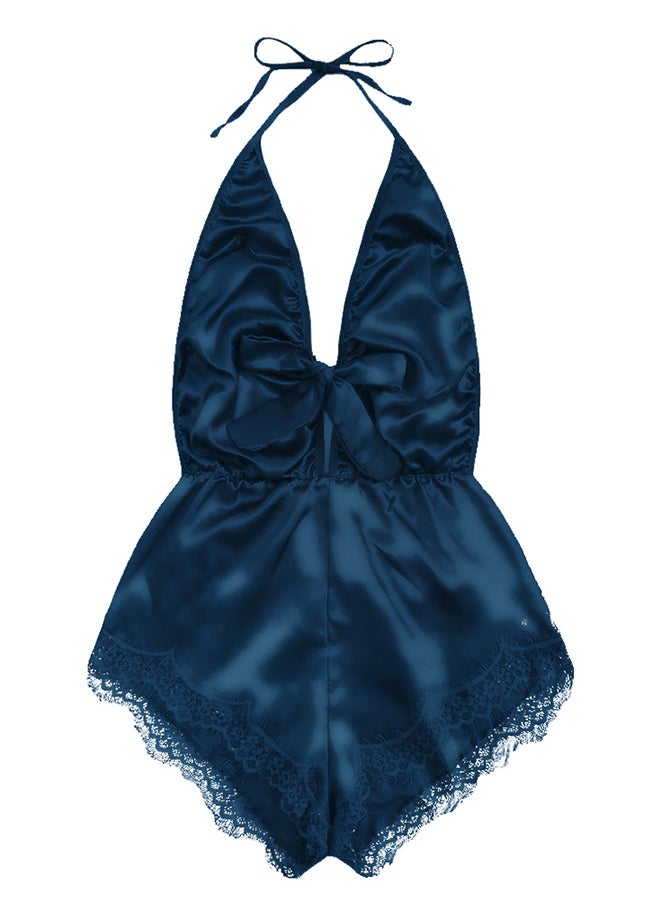 Women Stain Silk Underwear Deep V Neck Lingerie Fashion Ladies Sleepwear Bodysuit Teddy Lingerie Sleepwear Blue