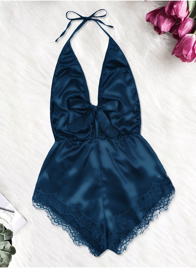 Women Stain Silk Underwear Deep V Neck Lingerie Fashion Ladies Sleepwear Bodysuit Teddy Lingerie Sleepwear Blue