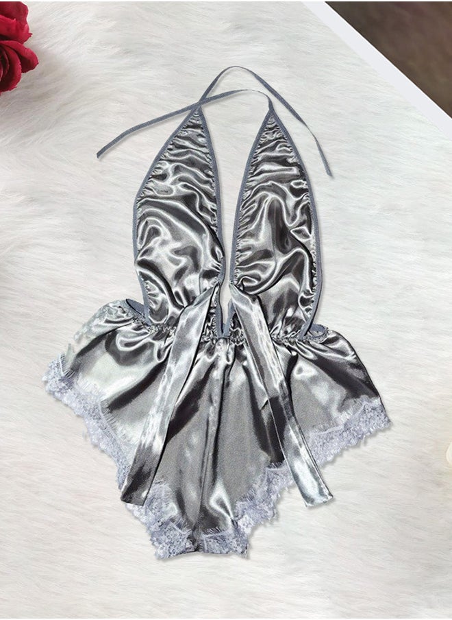Women XXL Size Stain Silk Underwear Deep V Neck Lingerie Fashion Ladies Sleepwear Bodysuit Teddy Lingerie Sleepwear Grey/XXL-Bust 100CM-Waist 80cm-hip 106cm