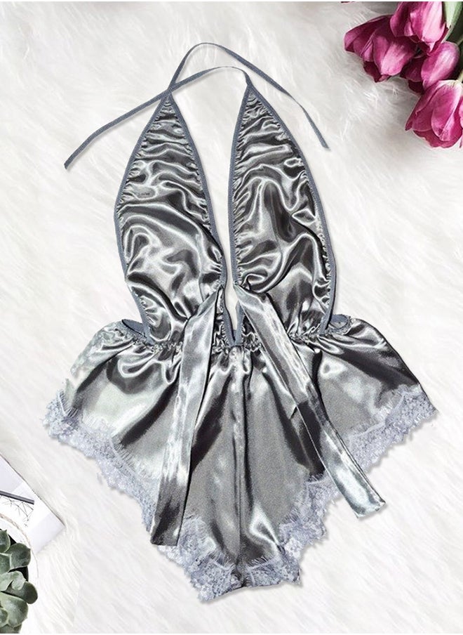 Women XXL Size Stain Silk Underwear Deep V Neck Lingerie Fashion Ladies Sleepwear Bodysuit Teddy Lingerie Sleepwear Grey/XXL-Bust 100CM-Waist 80cm-hip 106cm