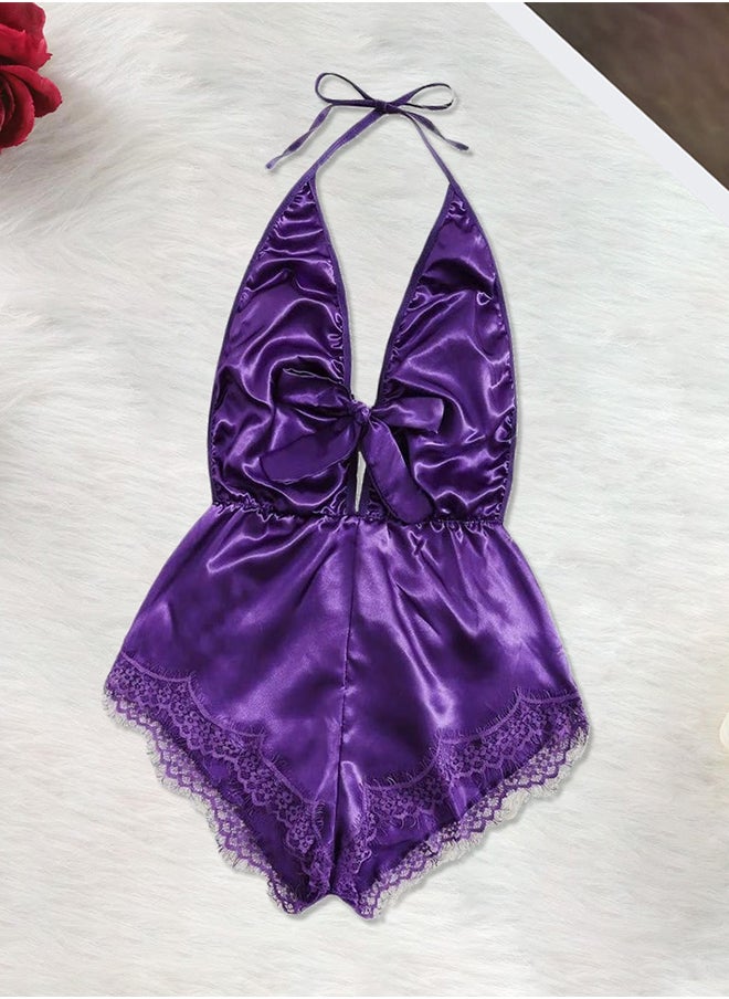 Women XL Size Stain Silk Underwear Deep V Neck Lingerie Fashion Ladies Sleepwear Bodysuit Teddy Lingerie Sleepwear Purple/XL-Bust 96CM-Waist 76cm-hip 100cm
