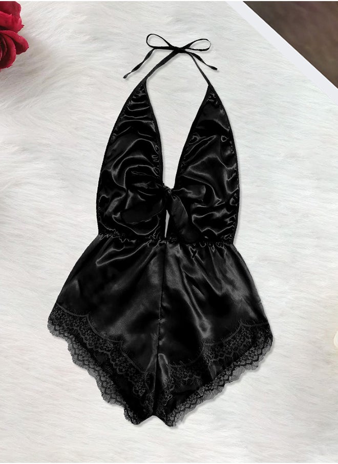 Women XXL Size Stain Silk Underwear Deep V Neck Lingerie Fashion Ladies Sleepwear Bodysuit Teddy Lingerie Sleepwear Black/XXL-Bust 100CM-Waist 80cm-hip 106cm