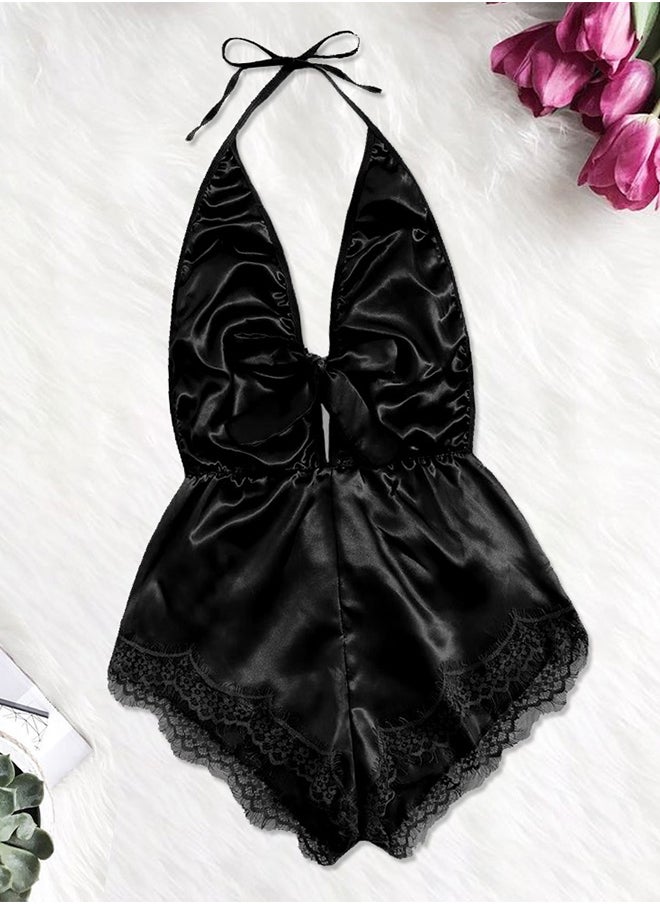 Women XXL Size Stain Silk Underwear Deep V Neck Lingerie Fashion Ladies Sleepwear Bodysuit Teddy Lingerie Sleepwear Black/XXL-Bust 100CM-Waist 80cm-hip 106cm