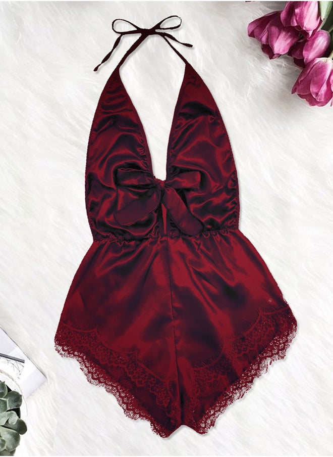 Women XL Size Stain Silk Underwear Deep V Neck Lingerie Fashion Ladies Sleepwear Bodysuit Teddy Lingerie Sleepwear Claret /XL-Bust 96CM-Waist 76cm-hip 100cm