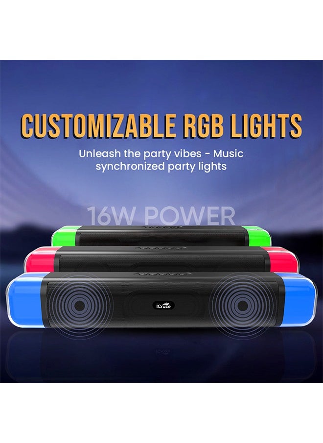 Neonbass Wireless 16W Bluetooth 5.0 Soundbar with RBG LED for Gaming PC, 2000mAh/SD Card/AUX/USB/FM Radio/6 hours Playtime