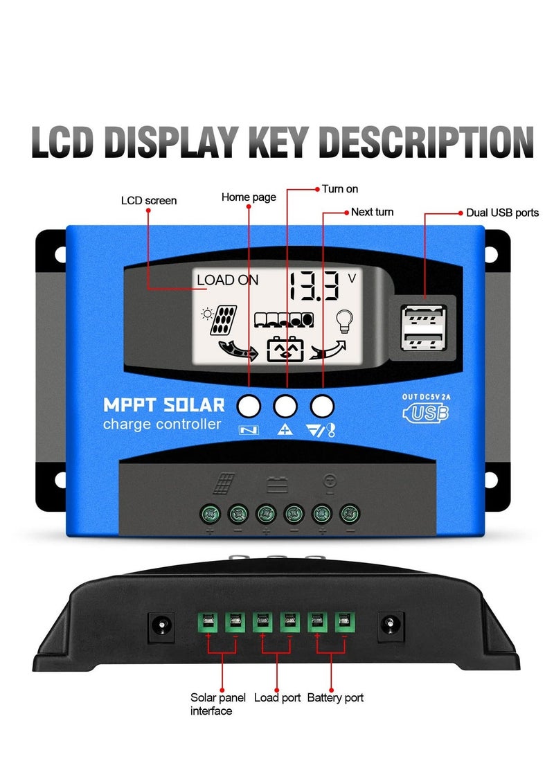 60A MPPT Solar Charge Controller, Solar Regulator Charge Controller, with LCD Display Dual USB Multiple Load Control Modes, 12v/24v Current Auto Focus, MPPT Tracking Charge