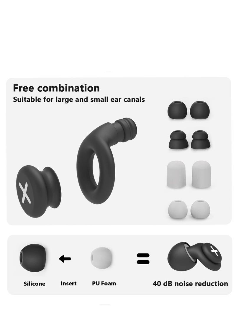 Noise Reduction Ear Plugs-40 dB Noise Cancelling Reusable Hearing Protection in Flexible Silicone for Sleeping, Traveling, Concerts, Work & Swimming,3 Wearing Styles, Black