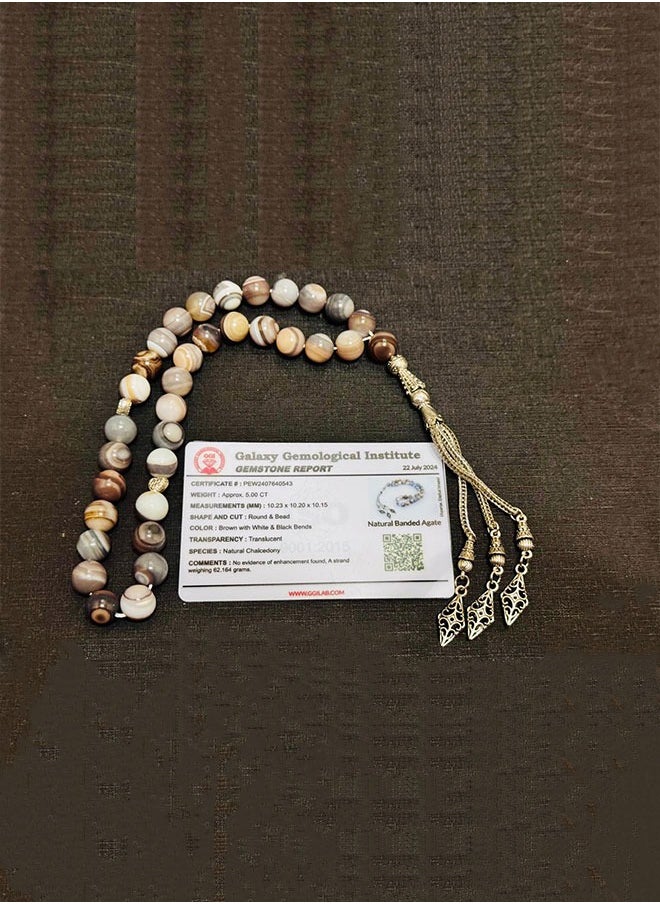 Natural Banded Agate Rosary – 33 Beads Agate Tasbih | 10mm Bead Size | Certified Quality