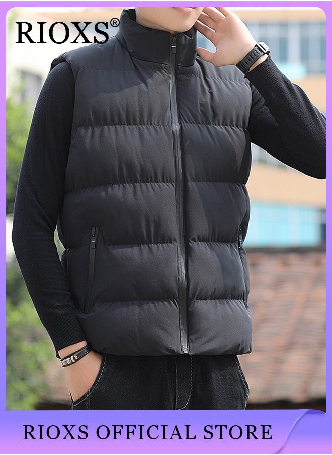 Men's Casual Quilted Puffer Lightweight Vest Outdoor Stand Collar Sleeveless Down Jacket Coat for Autumn and Winter