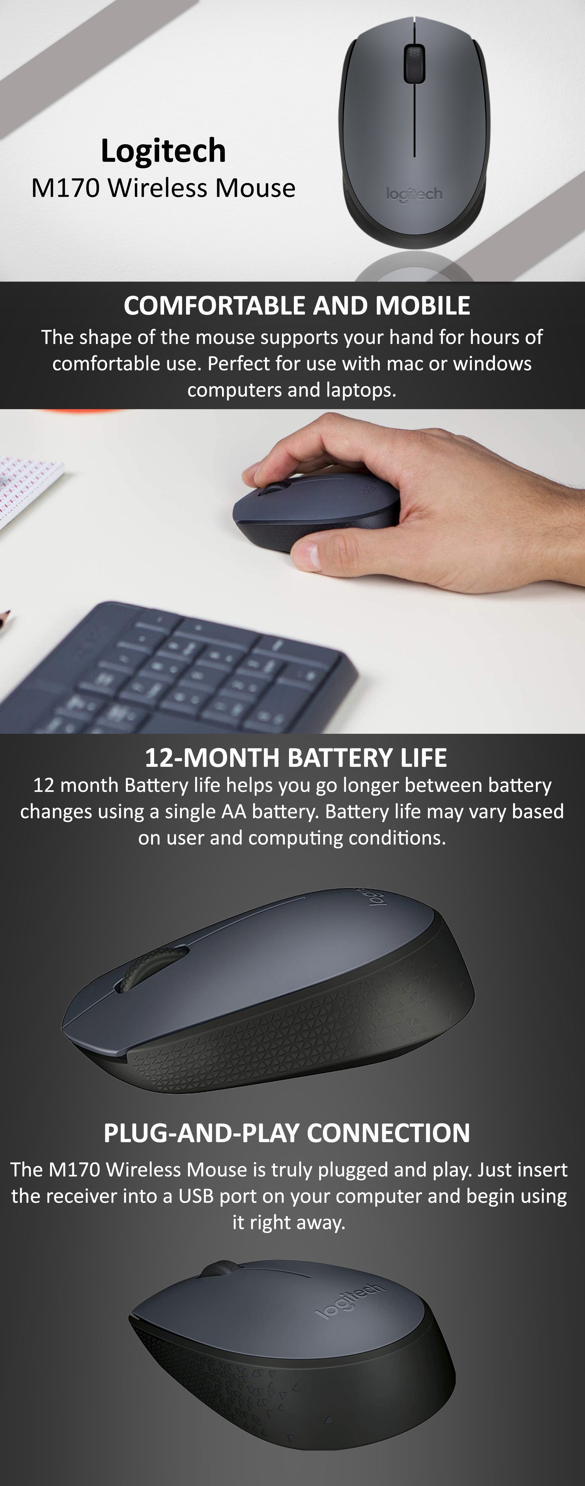 Logitech M170 Wireless USB Mouse, 2.4GHz Wireless Technology, Optical Tracking, Up to 10m Wireless Range, Grey/Black