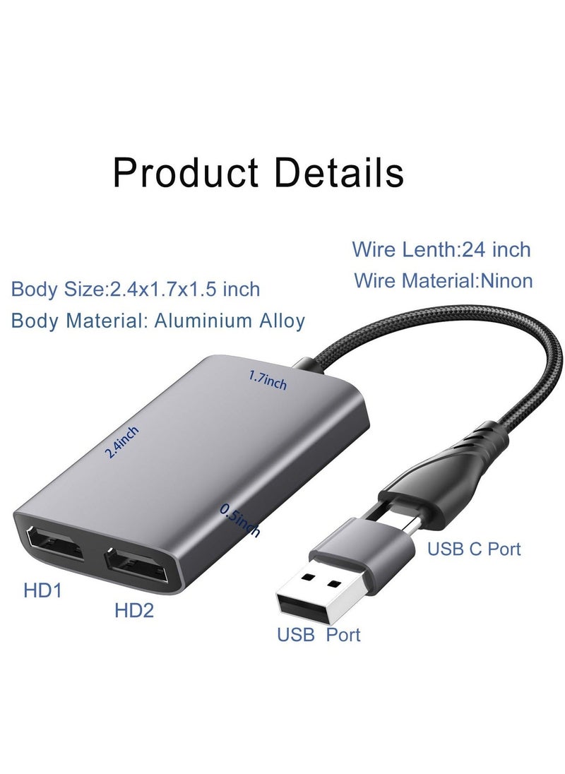 USB C/A to Dual HDMI Adapter for 2 Monitors, Splitter Extend Display & Mirroring Screen Converter for MacBook Pro Air M1 M2 Windows 10 11, Display 3 Separate Screens