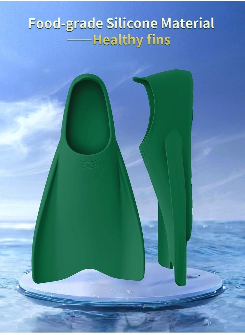 Swimming Fins, Streamlined Training Short Flippers, Silicone Swimming Flippers for Kids Adults and for Swimming Snorkeling and Diving 2XS, Deep Green