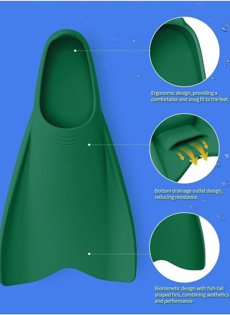Swimming Fins, Streamlined Training Short Flippers, Silicone Swimming Flippers for Kids Adults and for Swimming Snorkeling and Diving 2XS, Deep Green