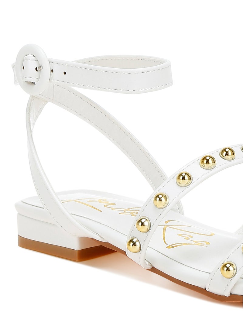 Studded Ankle Strap Flat Sandals in Off White