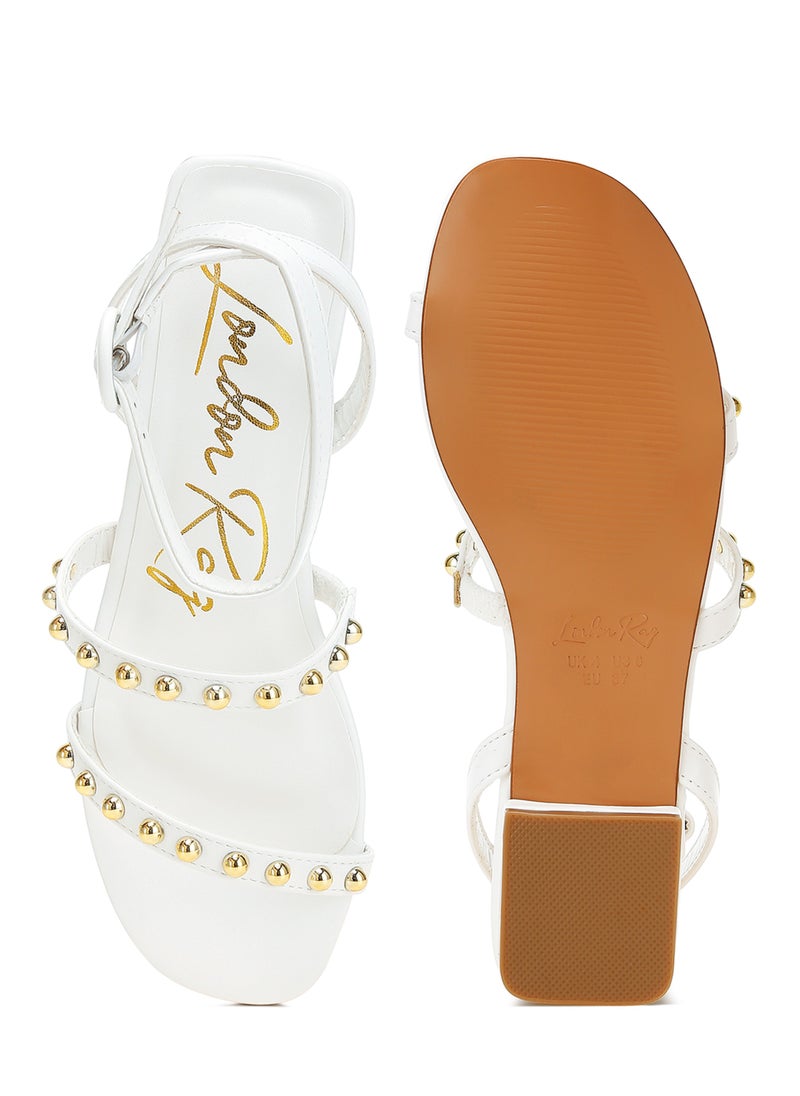 Studded Ankle Strap Flat Sandals in Off White