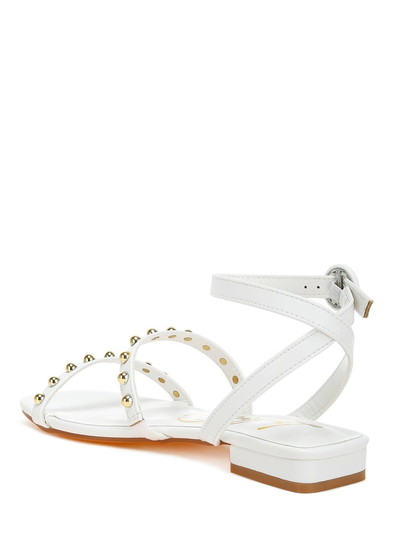 Studded Ankle Strap Flat Sandals in Off White