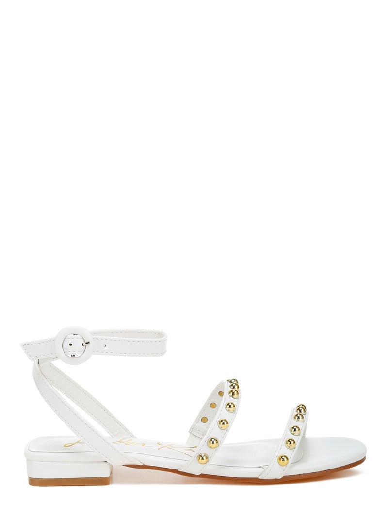 Studded Ankle Strap Flat Sandals in Off White