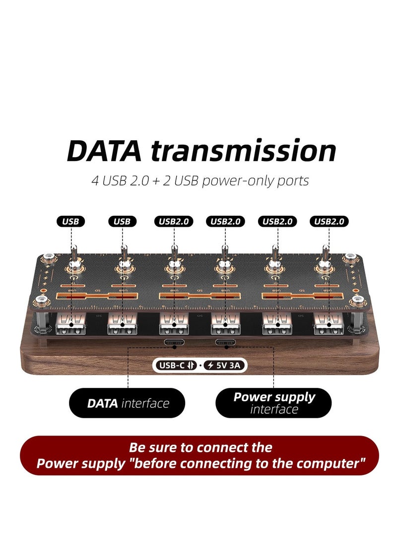 Wireless Voice Control 6-Port USB2.0 Hubs Independent Switch, USB Splitter USB Expander, USB Drive Case, SD/TF Card Storage Box, Desktop Creative Gifts, Boyfriend Gifts
