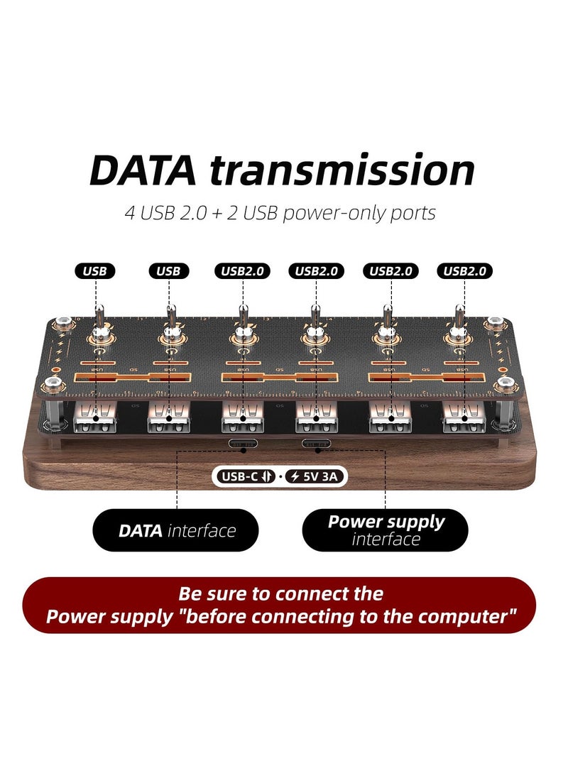 Wireless Voice Control 6-Port USB2.0 Hubs Independent Switch, USB Splitter USB Expander, USB Drive Case, SD/TF Card Storage Box, Desktop Creative Gifts, Boyfriend Gifts