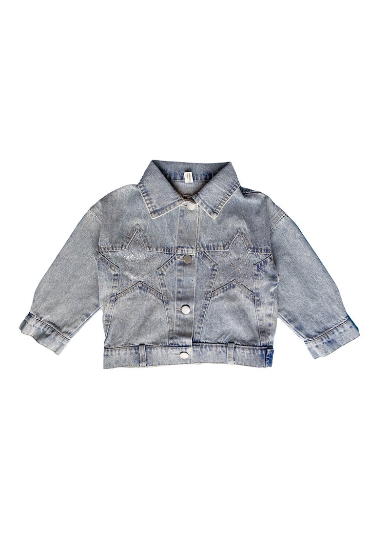 Girl's Denim Jacket Children's Fashionable Star Studded Button Front Collar Shoulder Length Sleeve Outerwear(2-9 Y)