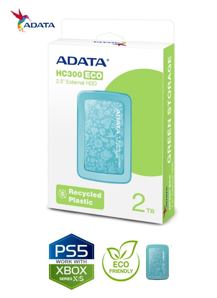 HD300 2TB ECO Friendly Ultra-slimExternal Hard Drive | Compatible with PS5 XBOX | Shock Sensor Protection | Green