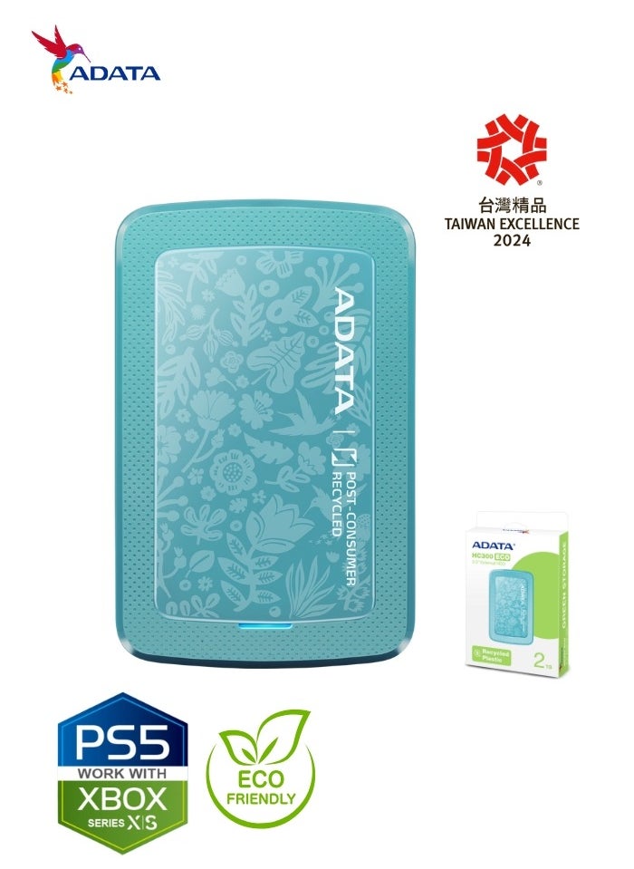 HD300 2TB ECO Friendly Ultra-slimExternal Hard Drive | Compatible with PS5 XBOX | Shock Sensor Protection | Green