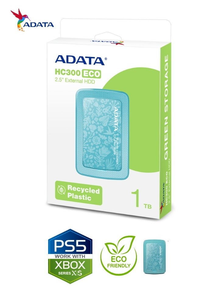 HD300 1TB ECO Friendly Ultra-slimExternal Hard Drive | Compatible with PS5 XBOX | Shock Sensor Protection | Green
