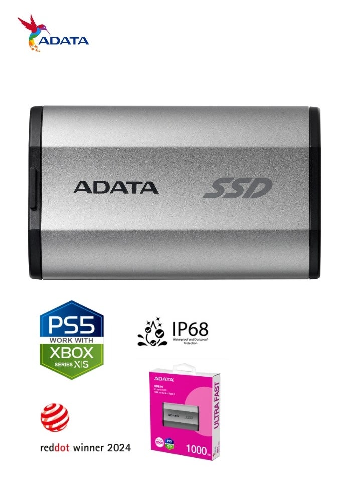 SD810 1000GB IP68 Water Resistance 1TB External Solid State Drive | For iPhone 15/16/Pro/Max, Android PS5 and XBOX 2000 MB/s USB 3.2 Gen 2 USB-C | Silver