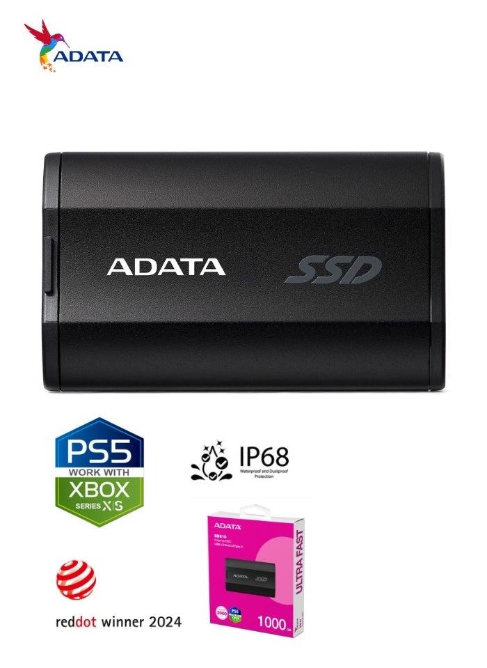 SD810 1000GB IP68 Water Resistance 1TB External Solid State Drive | For iPhone 15/16/Pro/Max, Android PS5 and XBOX 2000 MB/s USB 3.2 Gen 2 USB-C | Black