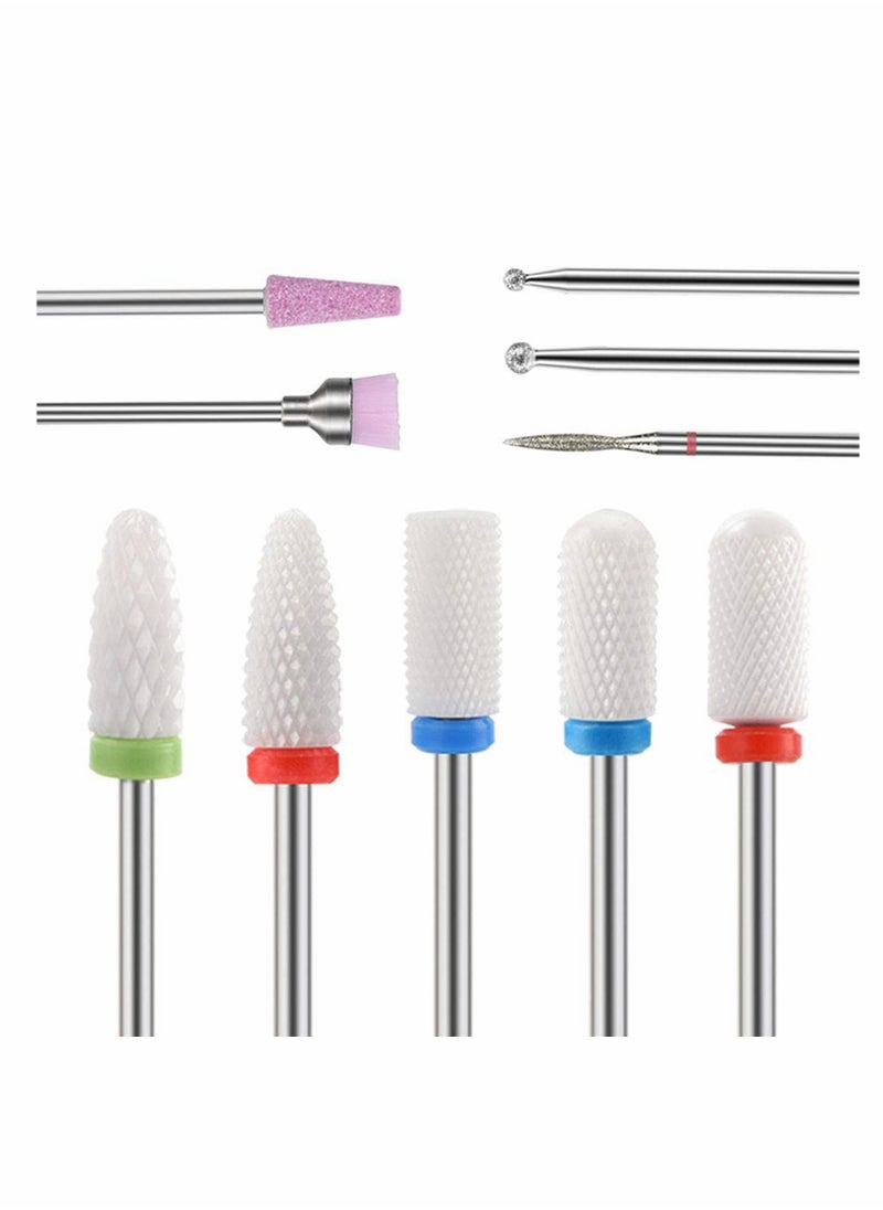 Nail Drill Bits Set, 10 Pcs Ceramic Nail Drill Bits for Acrylic Gel Nails Professional Nail Drill Bits Cuticle Remover Diamond Bits for Nails Manicure Pedicure