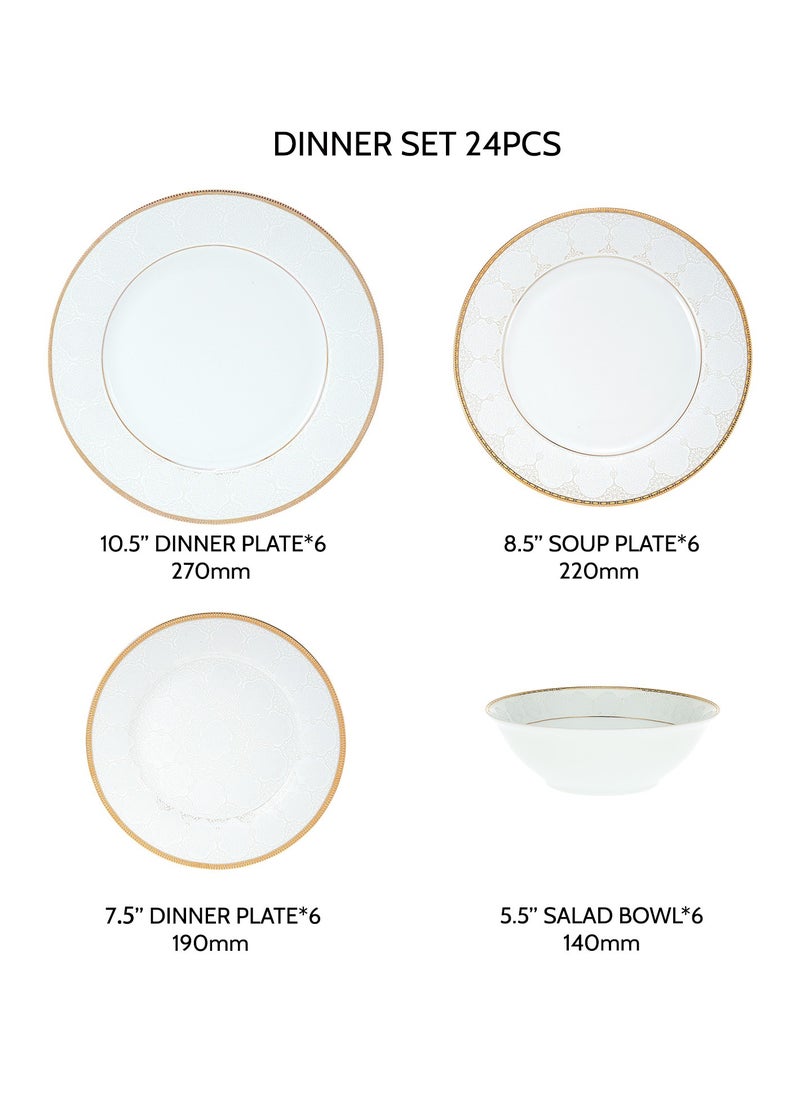 24 Piece Dinner Set Including Plates ，Dinner Plate, , Bowl,  - Serves 6 -  Gold White