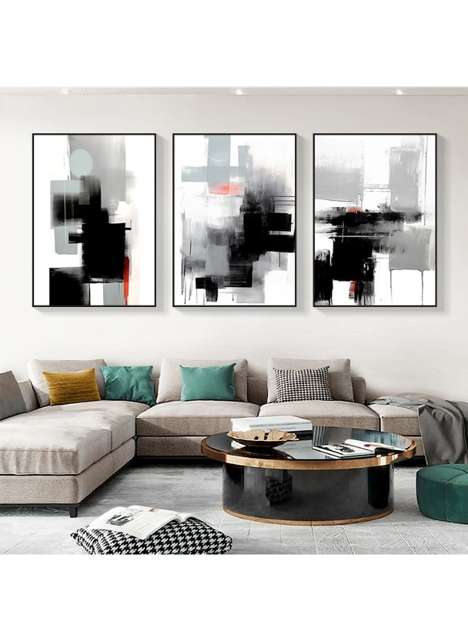 Minimalist Abstract Japandi Style Artwork Of Black White And Grey Colors Set Of 3 Alloy Matt - Black Frame Wall Art