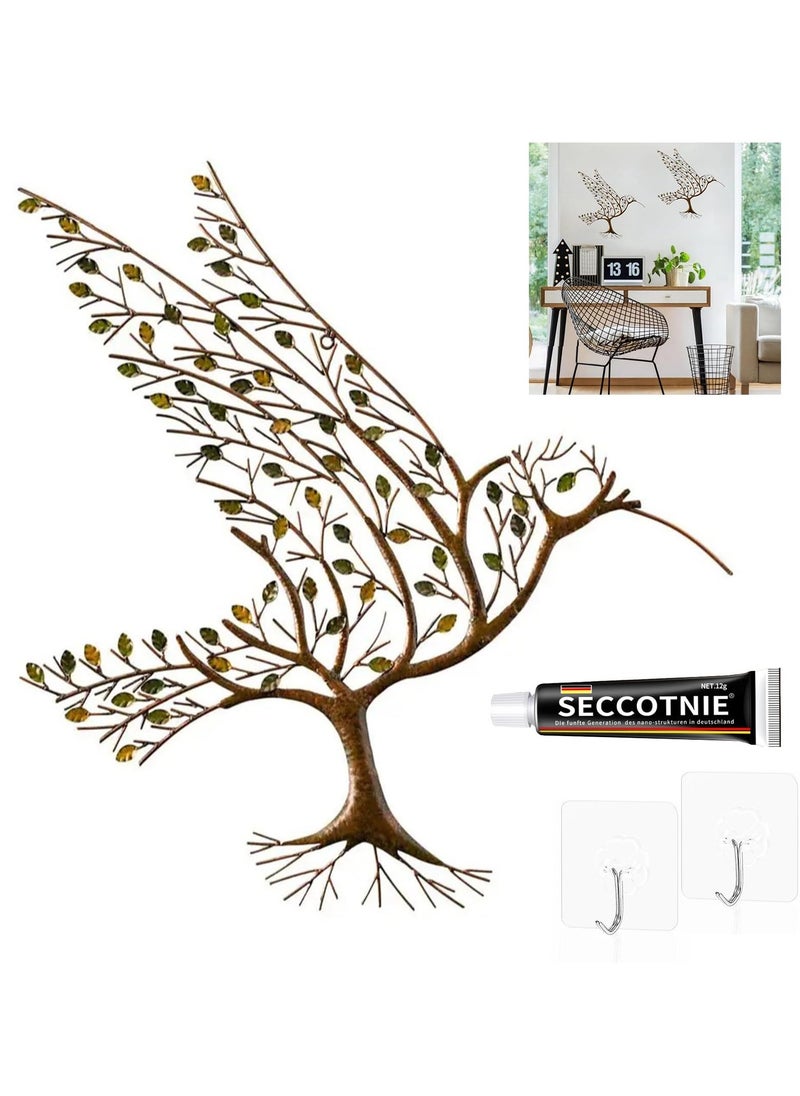 Metal Wall Art for Living Room Home Decor, Hummingbird with Branches Metal Leaves Bird Ornaments for Living Room, Office, Study, Hotel Wall Hanging Decor (12.5