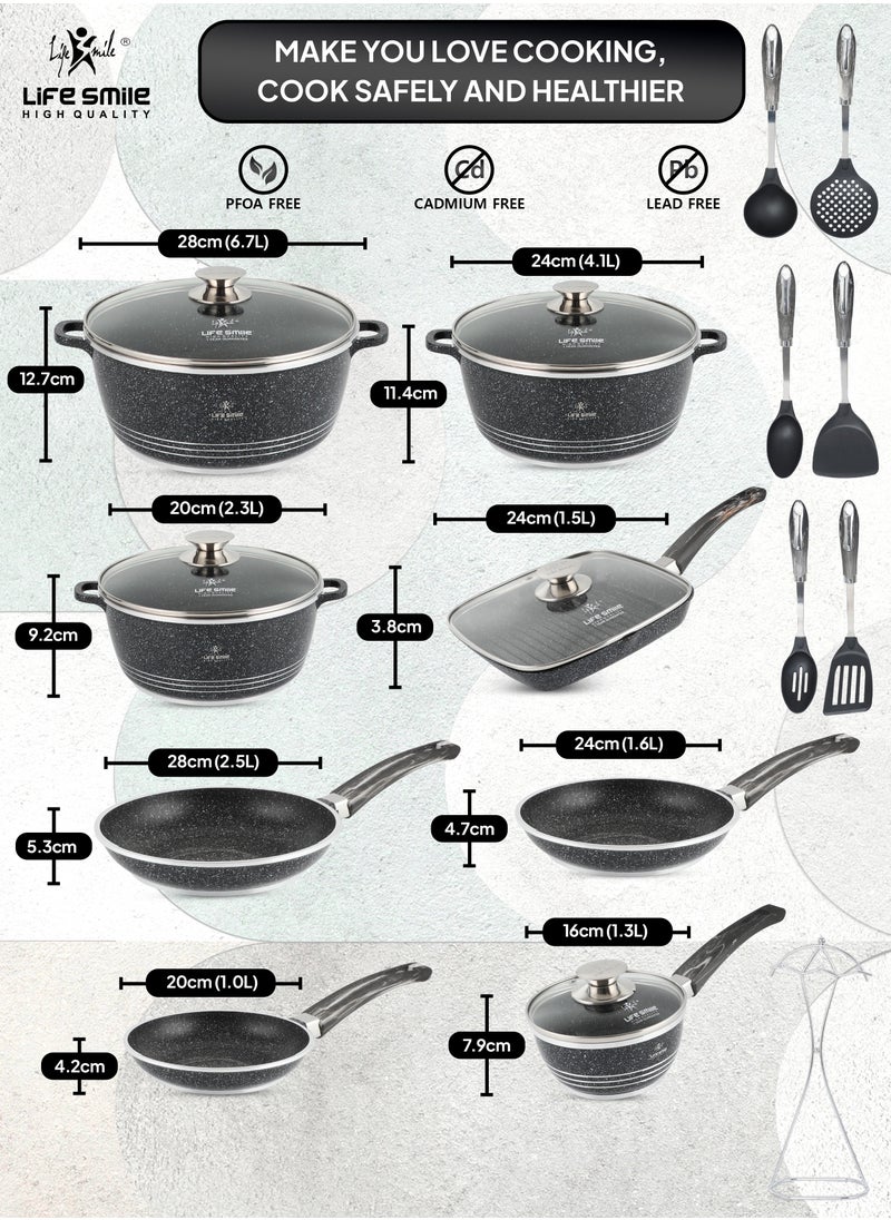 LIFE SMILE Cookware Set 20 pieces - Pots and Pans set Granite Non Stick Coating 100% PFOA FREE, Die Cast Cooking Set include Casseroles & Frying Pans & Milk Pan & Grill Pan & Kitchen Utensils (Black)