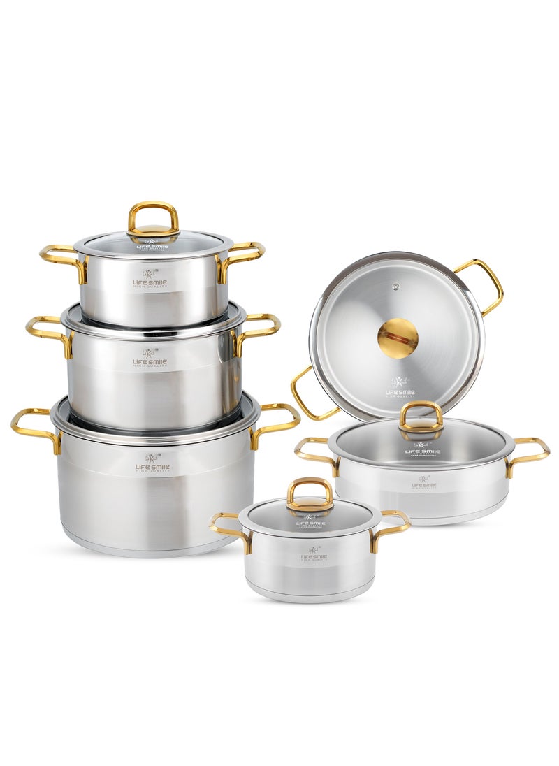 Cookware Set 12 Pieces - Pure 18/10 Stainless Steel Cooking Set - Induction Base Pots and Pans Set - Non-Toxic, 100% PFOA, PTFE & PFOS Free - Oven Safe Kitchen Cookware Sets (Gold)