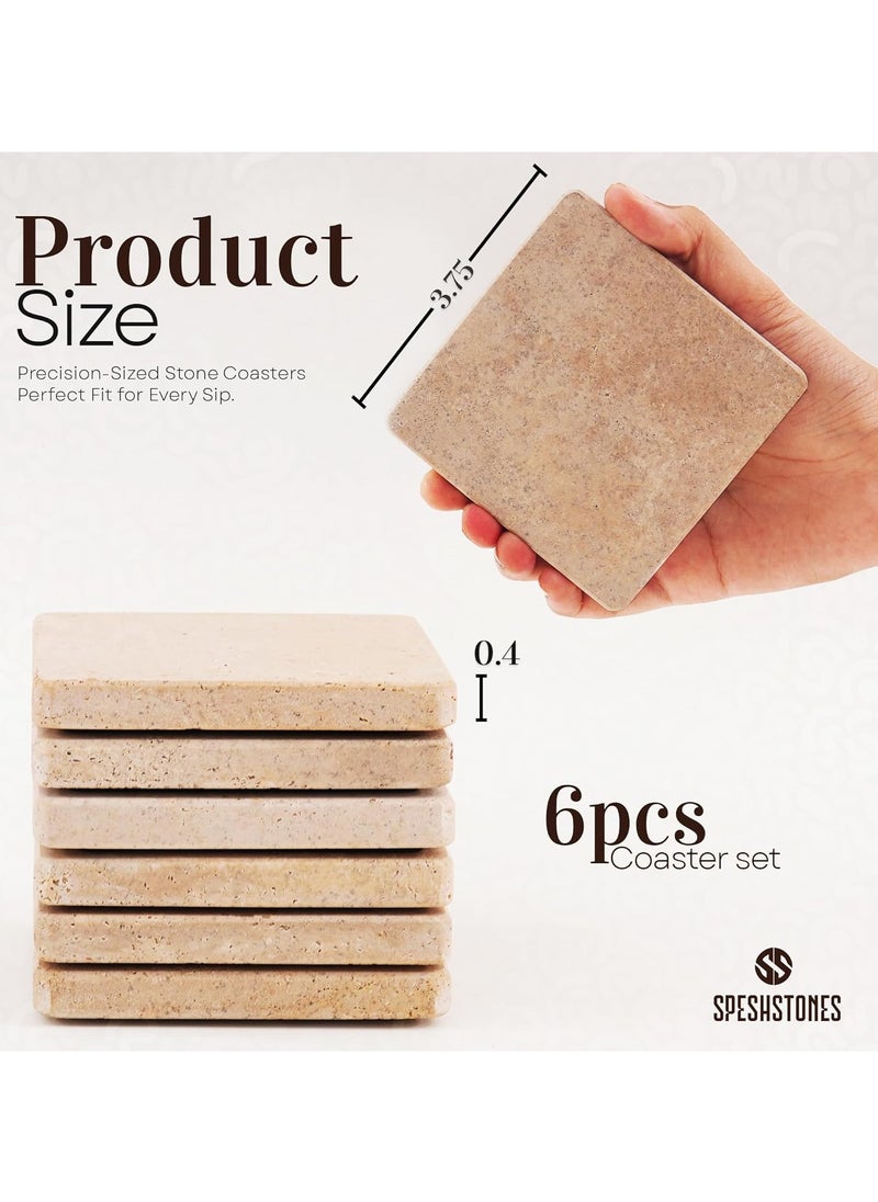 Travertine Marble Coasters for Drinks - Handmade Coasters Set of 6 for Kitchen Decor - Sqaure Coasters for Coffee Table - Table Coasters