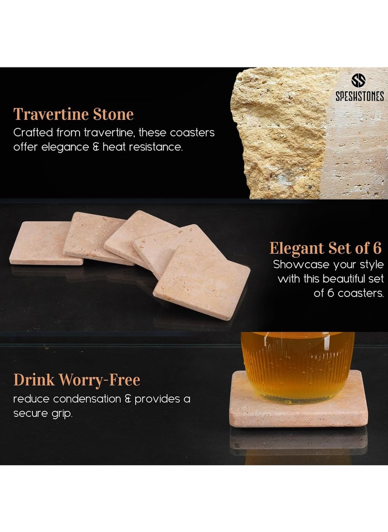 Travertine Marble Coasters for Drinks - Handmade Coasters Set of 6 for Kitchen Decor - Sqaure Coasters for Coffee Table - Table Coasters