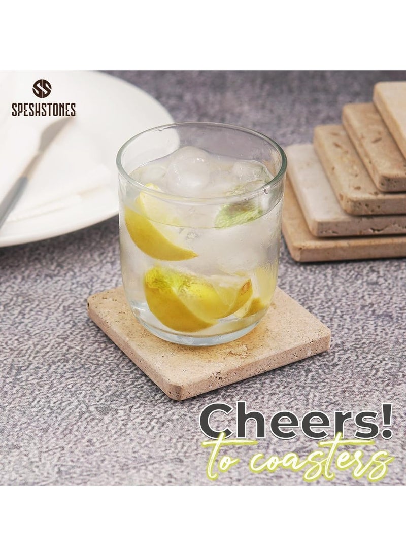 Travertine Marble Coasters for Drinks - Handmade Coasters Set of 6 for Kitchen Decor - Sqaure Coasters for Coffee Table - Table Coasters