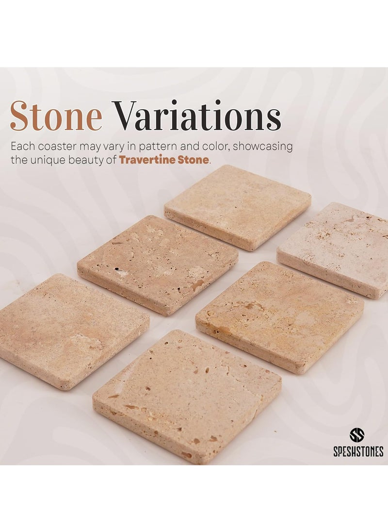 Travertine Marble Coasters for Drinks - Handmade Coasters Set of 6 for Kitchen Decor - Sqaure Coasters for Coffee Table - Table Coasters