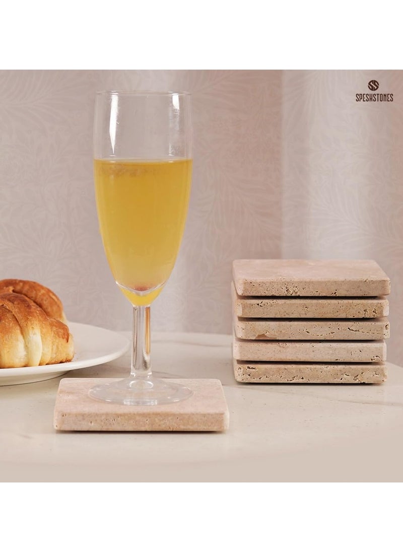 Travertine Marble Coasters for Drinks - Handmade Coasters Set of 6 for Kitchen Decor - Sqaure Coasters for Coffee Table - Table Coasters