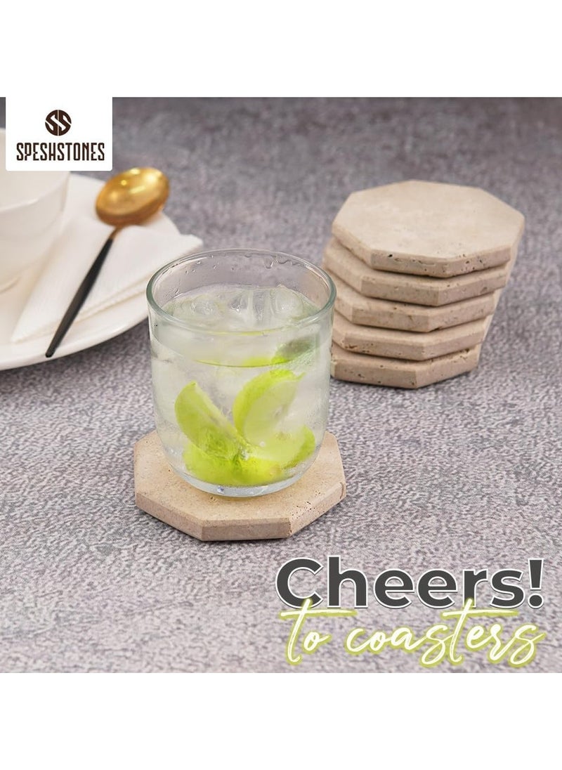 Travertine Marble Coasters for Drinks - Handmade Octagon Coasters Set of 6 for Kitchen Decor - Coasters for Coffee Table - Table Coasters