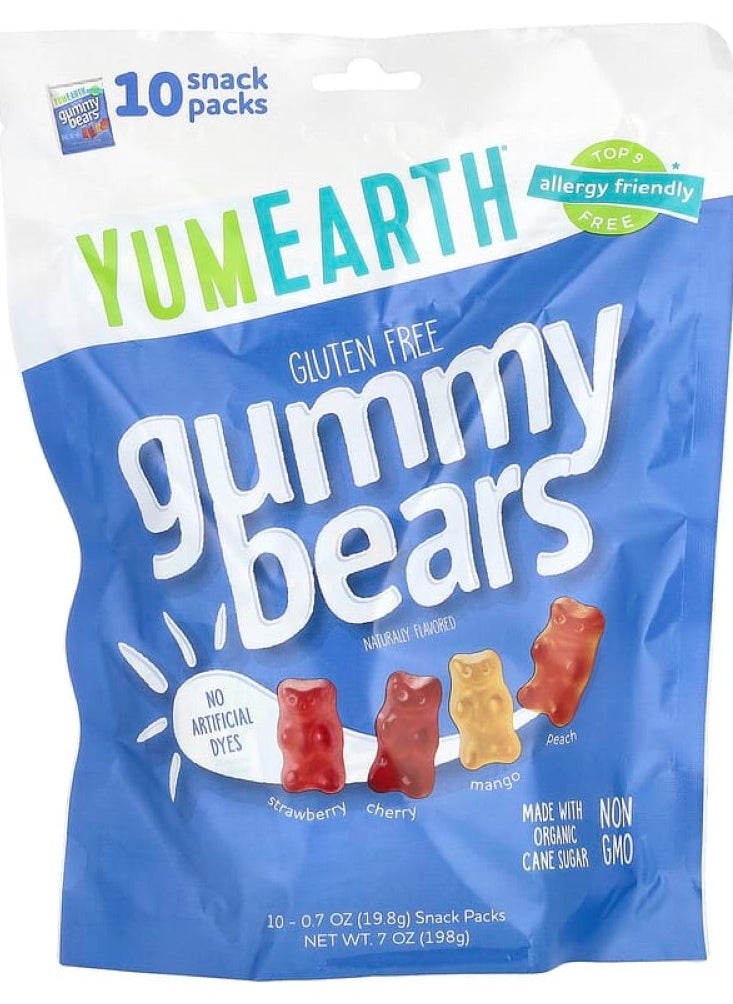 Yum Orth, Gluten Free Bear Chewables, Strawberry, Cherry, Mango, Peach, 10 Snack Bags, 0.7 oz (198 g) Each