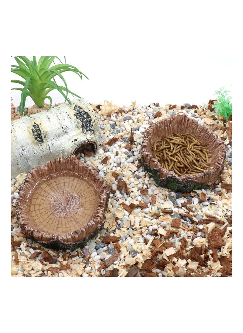 Reptile Feeder, Reptile Water Dish Food Bowls, Artificial Tree Trunk Reptile Tank Decor Bowl, for Leopard Gecko Lizard Spider Scorpion, Amphibian Feeding Bowl Decor (2PCS)