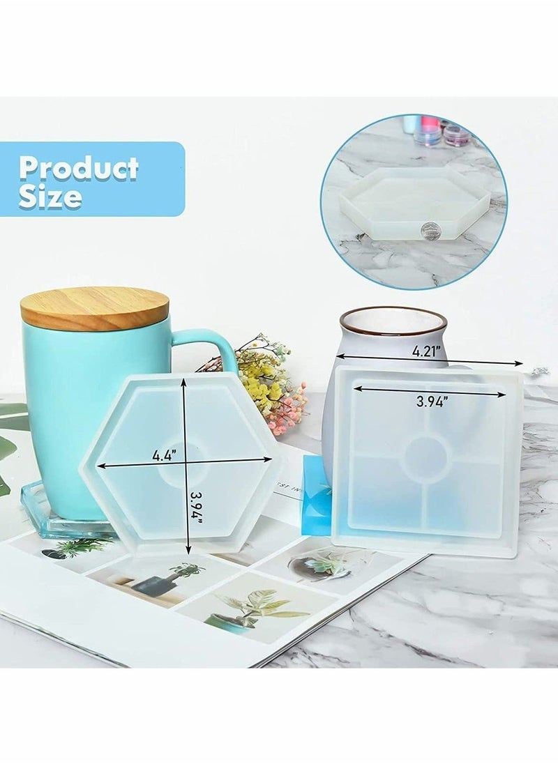 Coaster Molds Epoxy Resin Casting 8 Pcs, Contain 4 Pcs Square, 4 Pcs Hexagon Epoxy Resin Molds for Making Coasters, Cement, DIY Resin Artwork