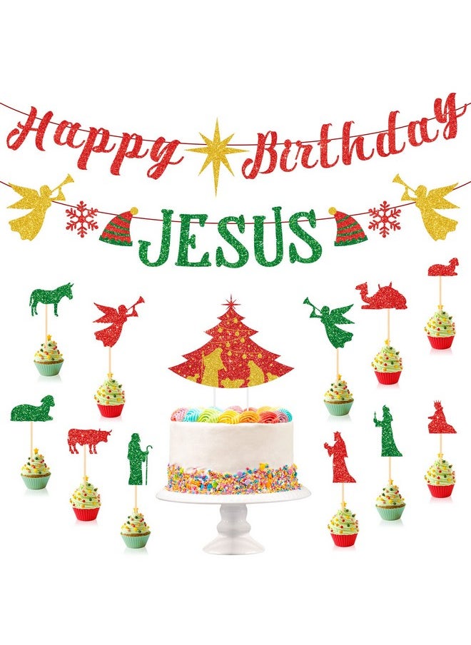 1 Set Happy Birthday Jesus Banner 11 Pcs Jesus Cupcake Topper A Cake Topper Red Glitter Christmas Birthday Banner Garland For Nativity Scene Christmas Religious Birthday Holiday Party Decorations